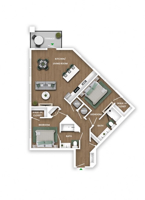 Floor plan for 2 beds, 2 baths, 1126 sqft