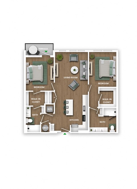 Floor plan for 2 beds, 2 baths, 1127 sqft
