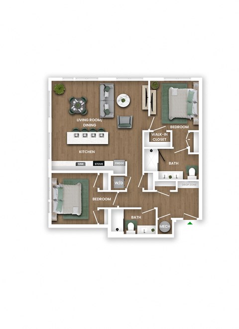 Floor plan for 2 beds, 2 baths, 1139 sqft