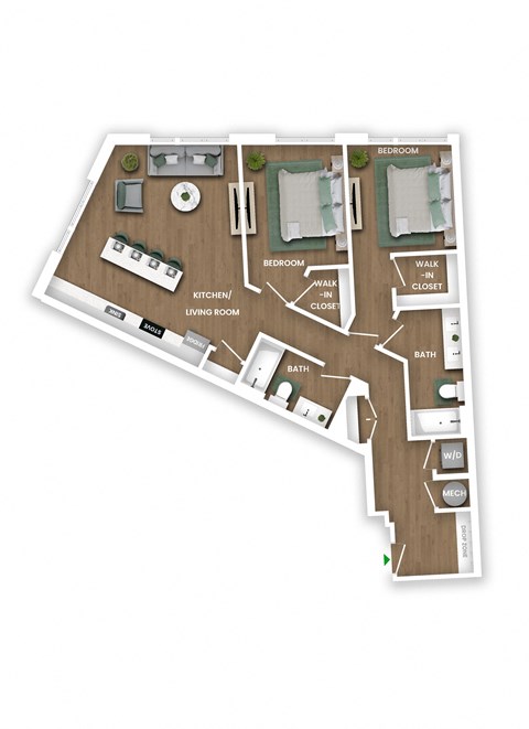 Floor plan for 2 beds, 2 baths, 1155 sqft