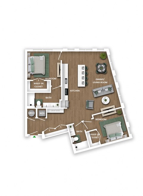 Floor plan for 2 beds, 2 baths, 1192 sqft
