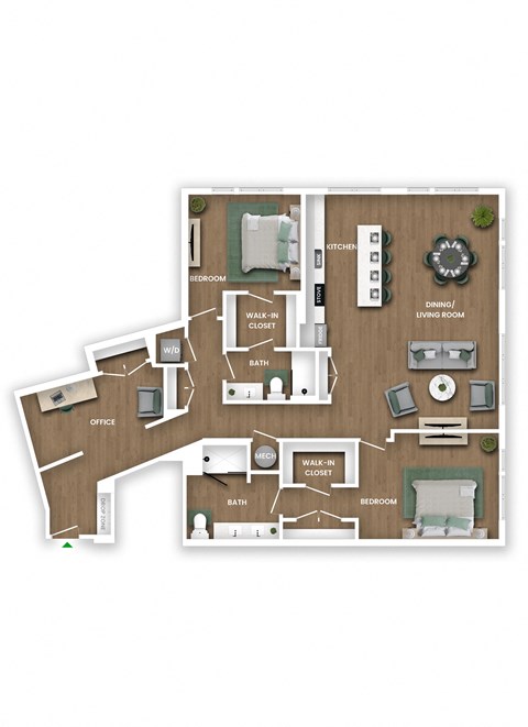 Floor plan for 2 beds, 2 baths, 1728 sqft