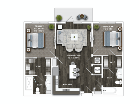 Floor plan for 2 beds, 2 baths, 968 sqft