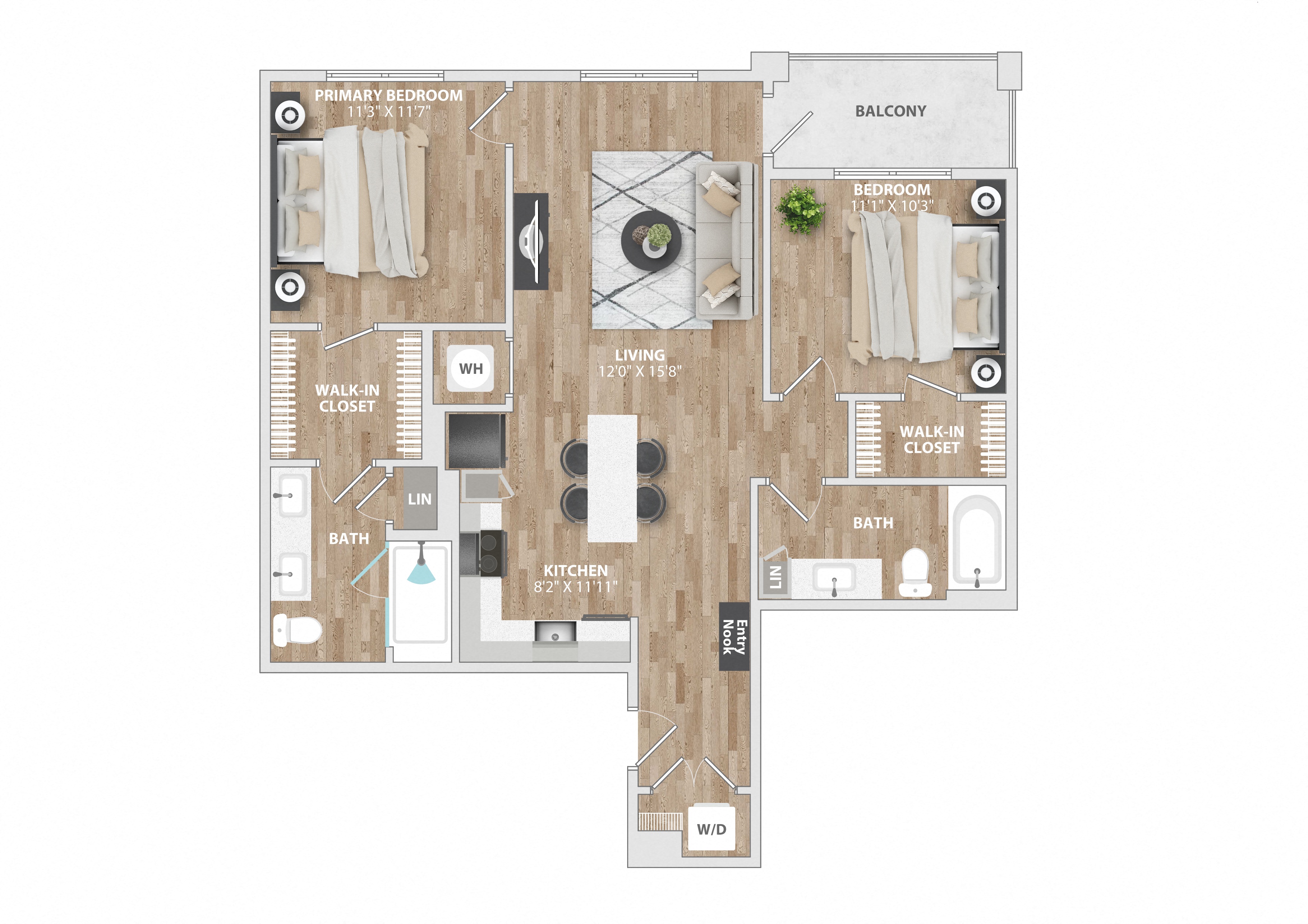 Floor plan for 2 beds, 2 baths, 1019 sqft