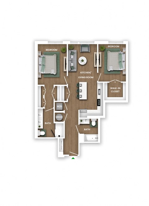 Floor plan for 2 beds, 2 baths, 1044 sqft