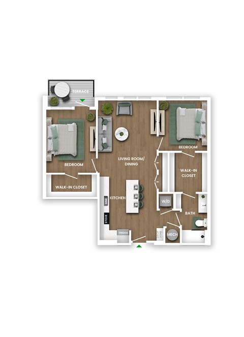 Floor plan for 2 beds, 2 baths, 1010 sqft