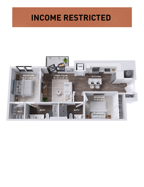 Floor plan for 2 beds, 2 baths, 917 sqft
