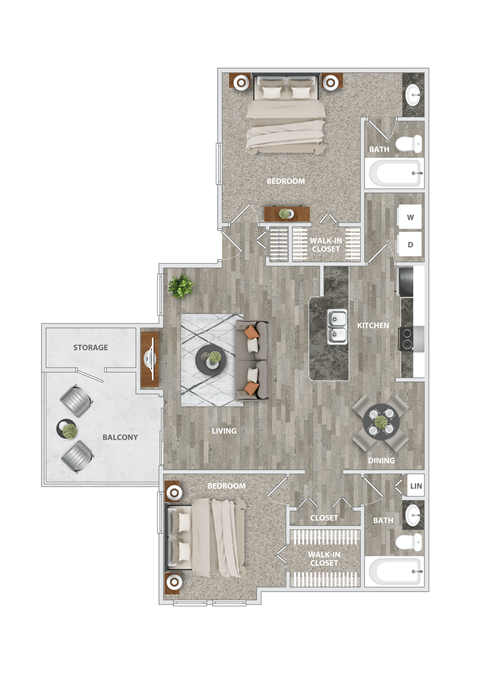 Floor plan for 2 beds, 2 baths, 1000 sqft