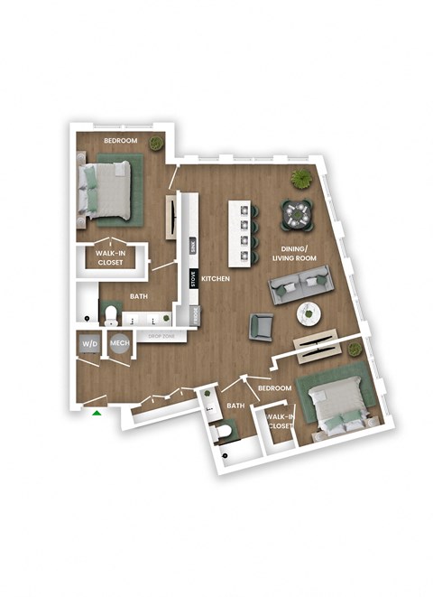 Floor plan for 2 beds, 2 baths, 1242 sqft