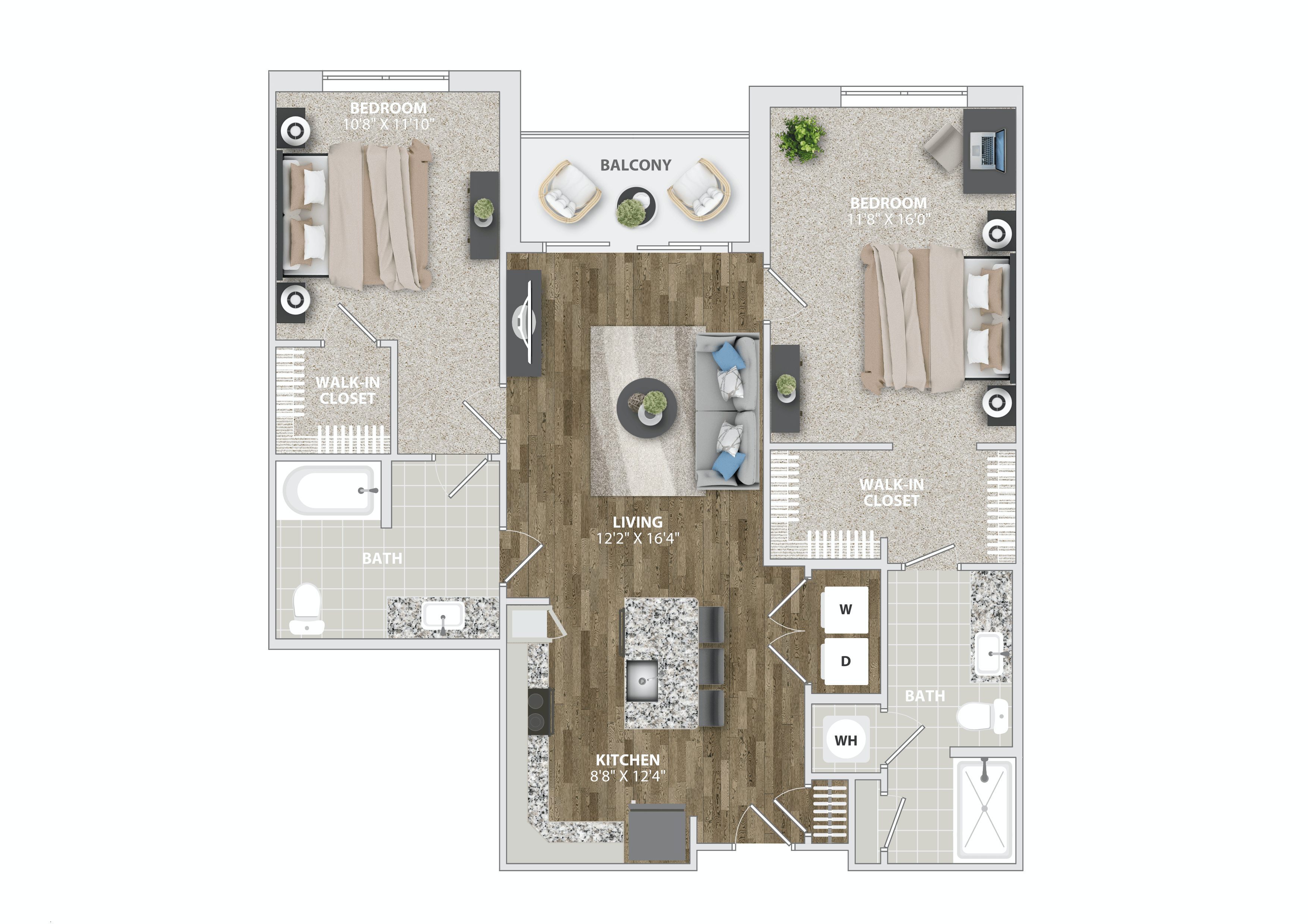 Floor plan for 2 beds, 2 baths, 1218 sqft
