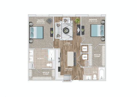 Floor plan for 2 beds, 2 baths, 1025 sqft