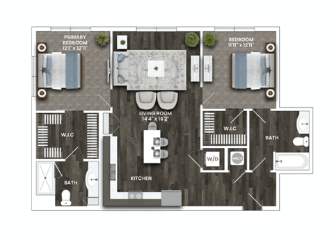 Floor plan for 2 beds, 2 baths, 1067 sqft