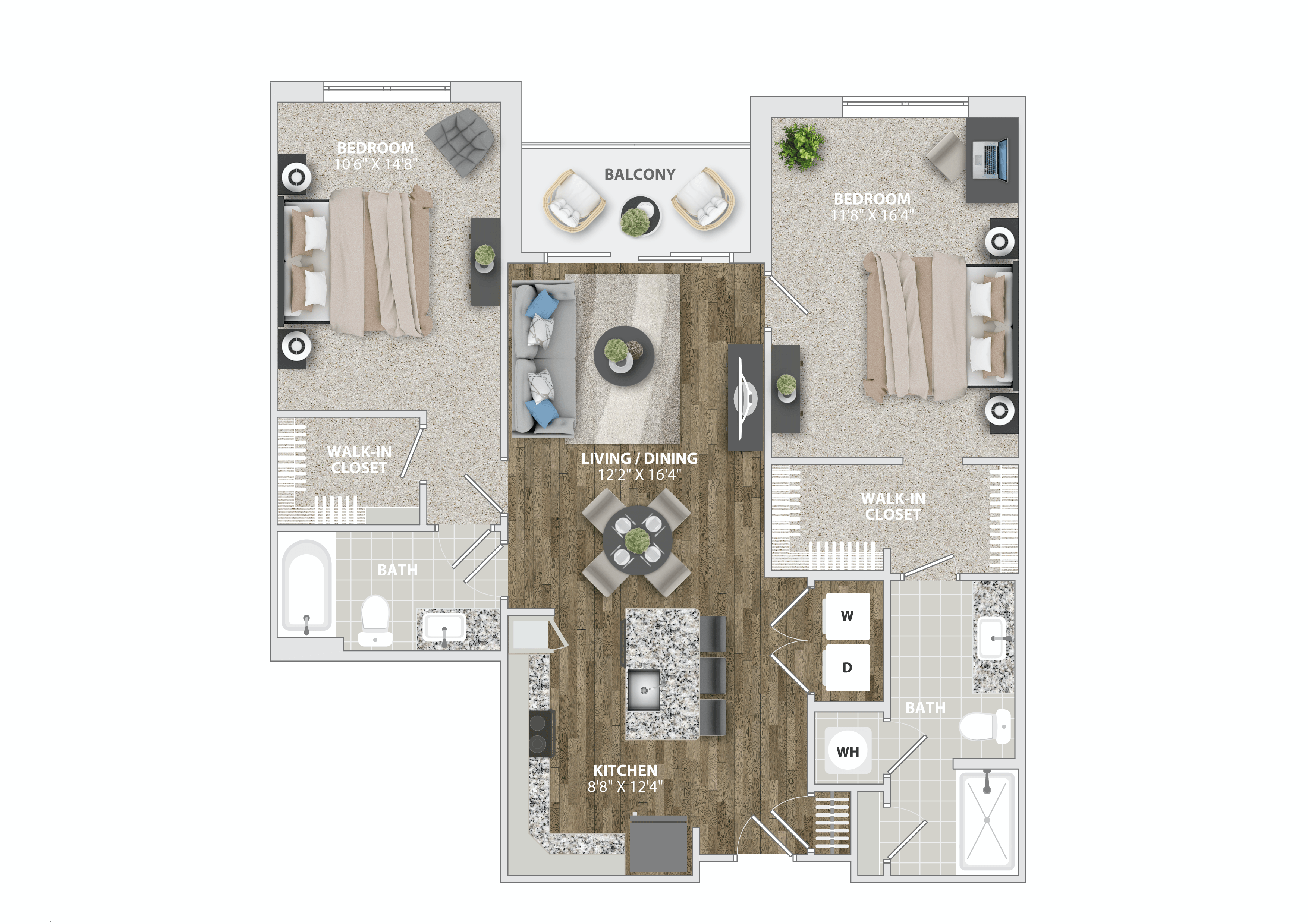 Floor plan for 2 beds, 2 baths, 1134 sqft