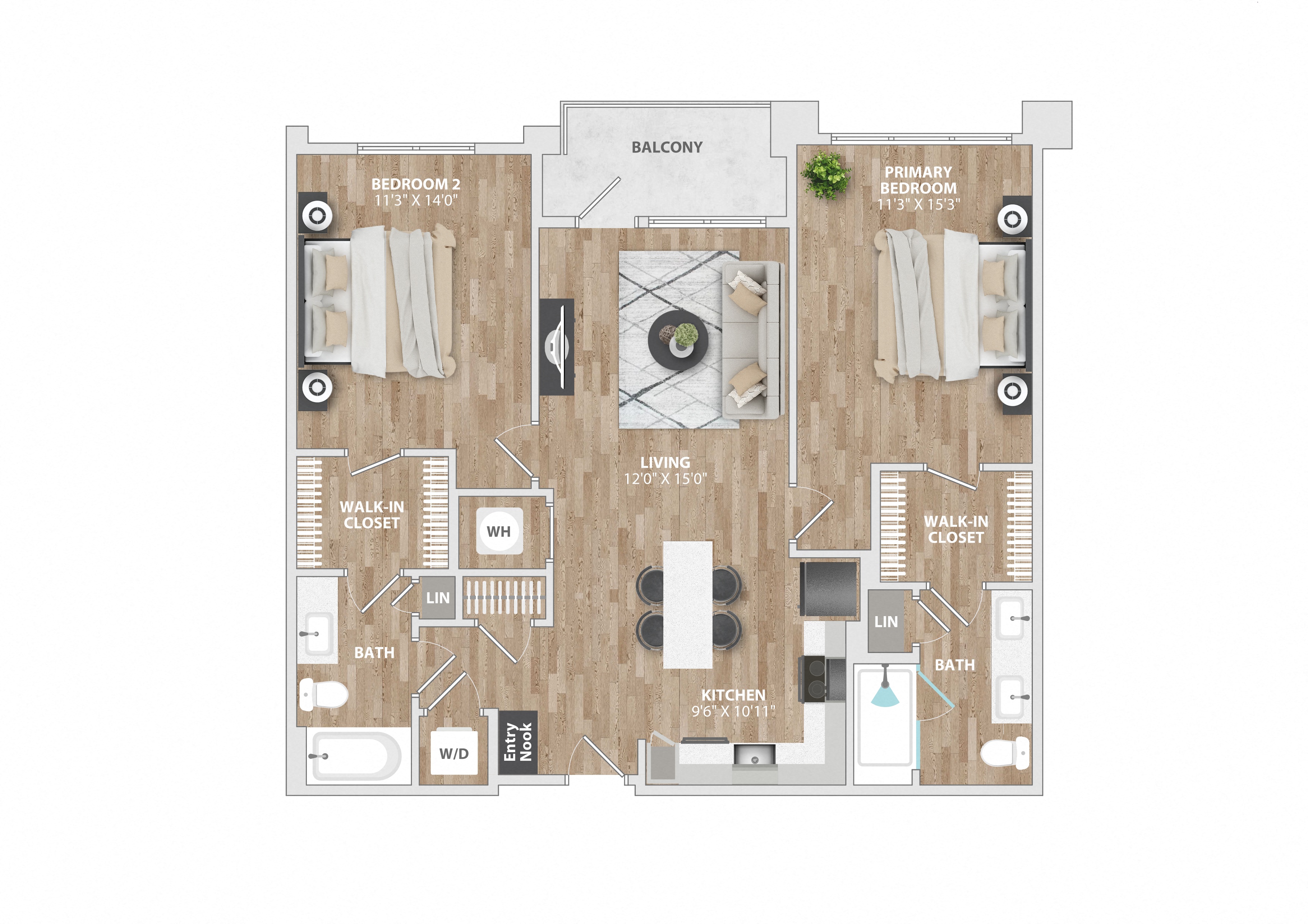 Floor plan for 2 beds, 2 baths, 1141 sqft