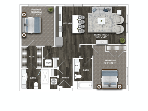 Floor plan for 2 beds, 2 baths, 1082 sqft