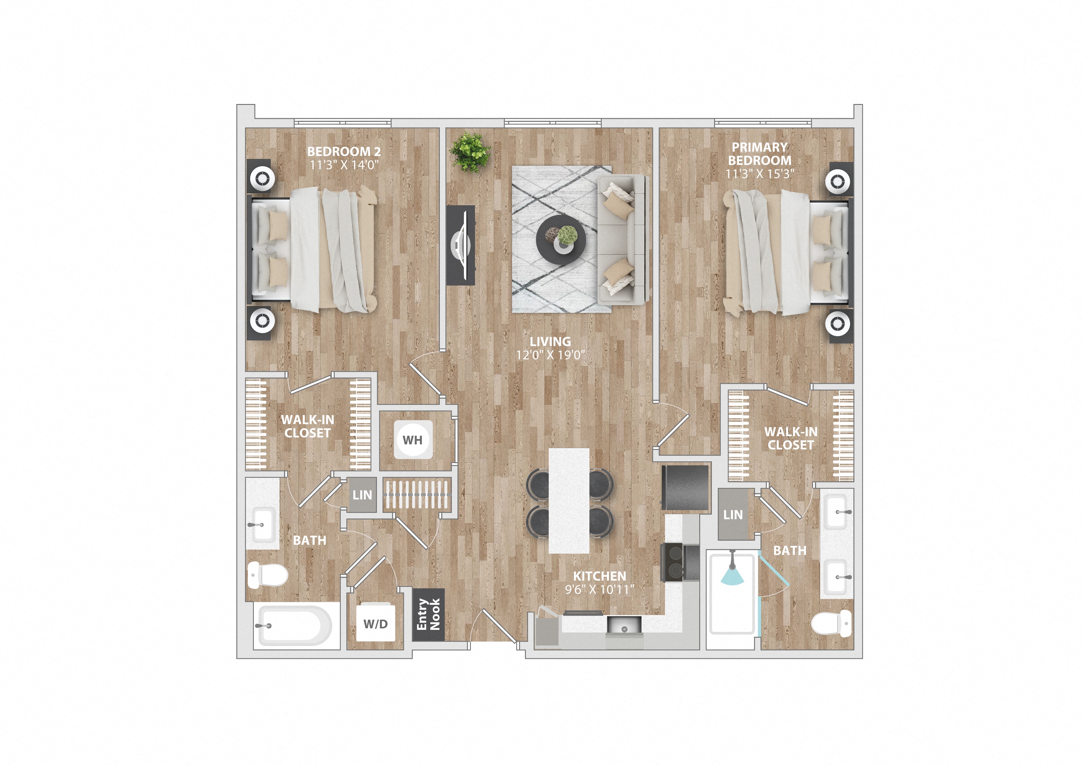 Floor plan for 2 beds, 2 baths, 1134 sqft