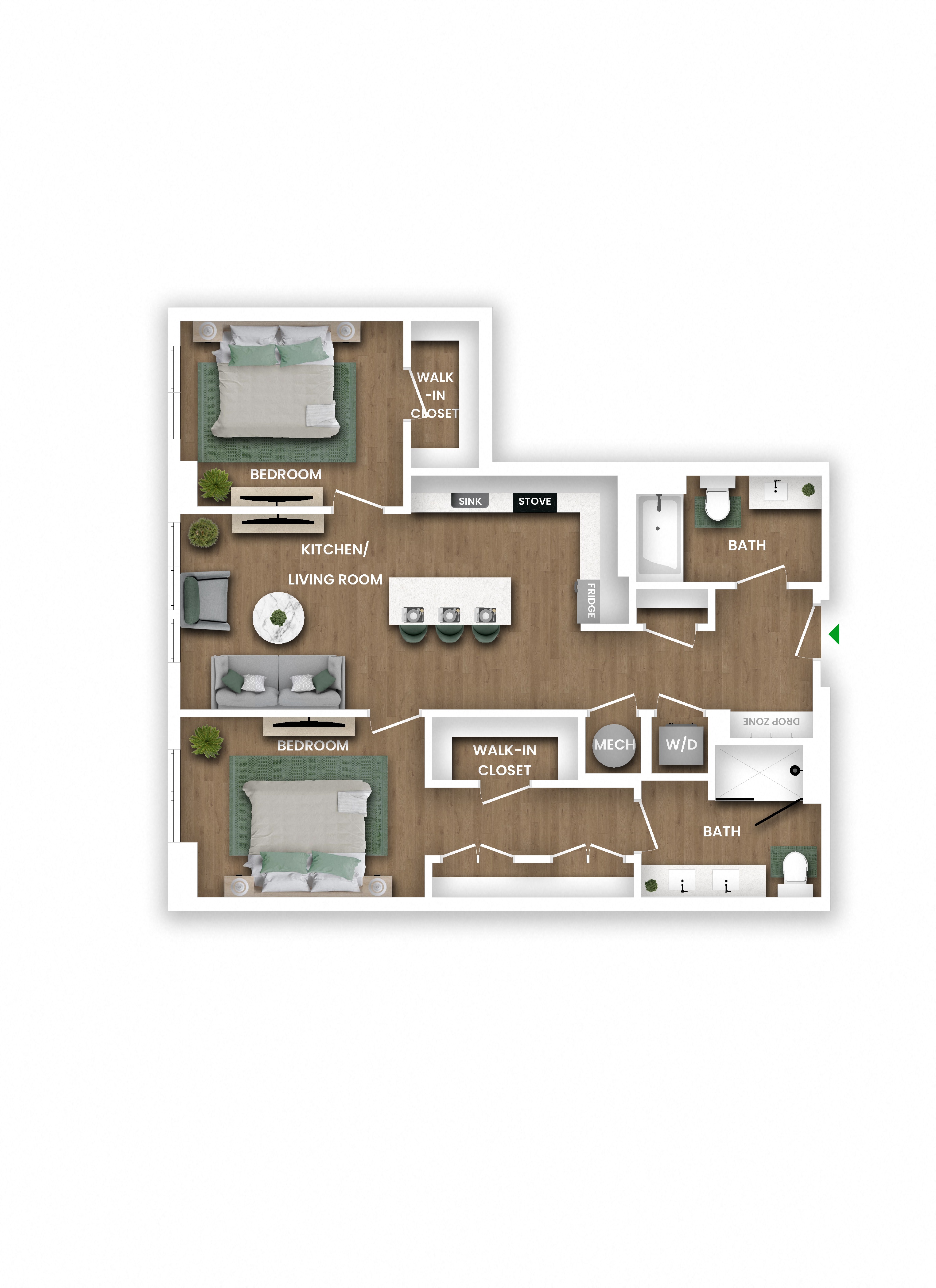 Floor plan for 2 beds, 2 baths, 1095 sqft