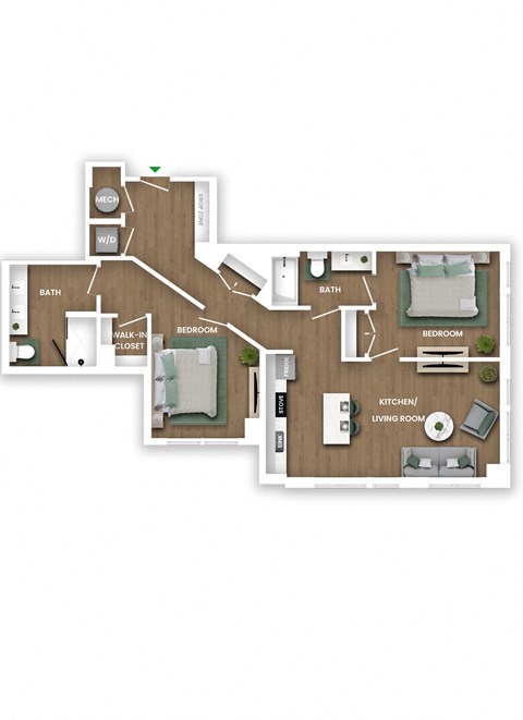 Floor plan for 2 beds, 2 baths, 1099 sqft