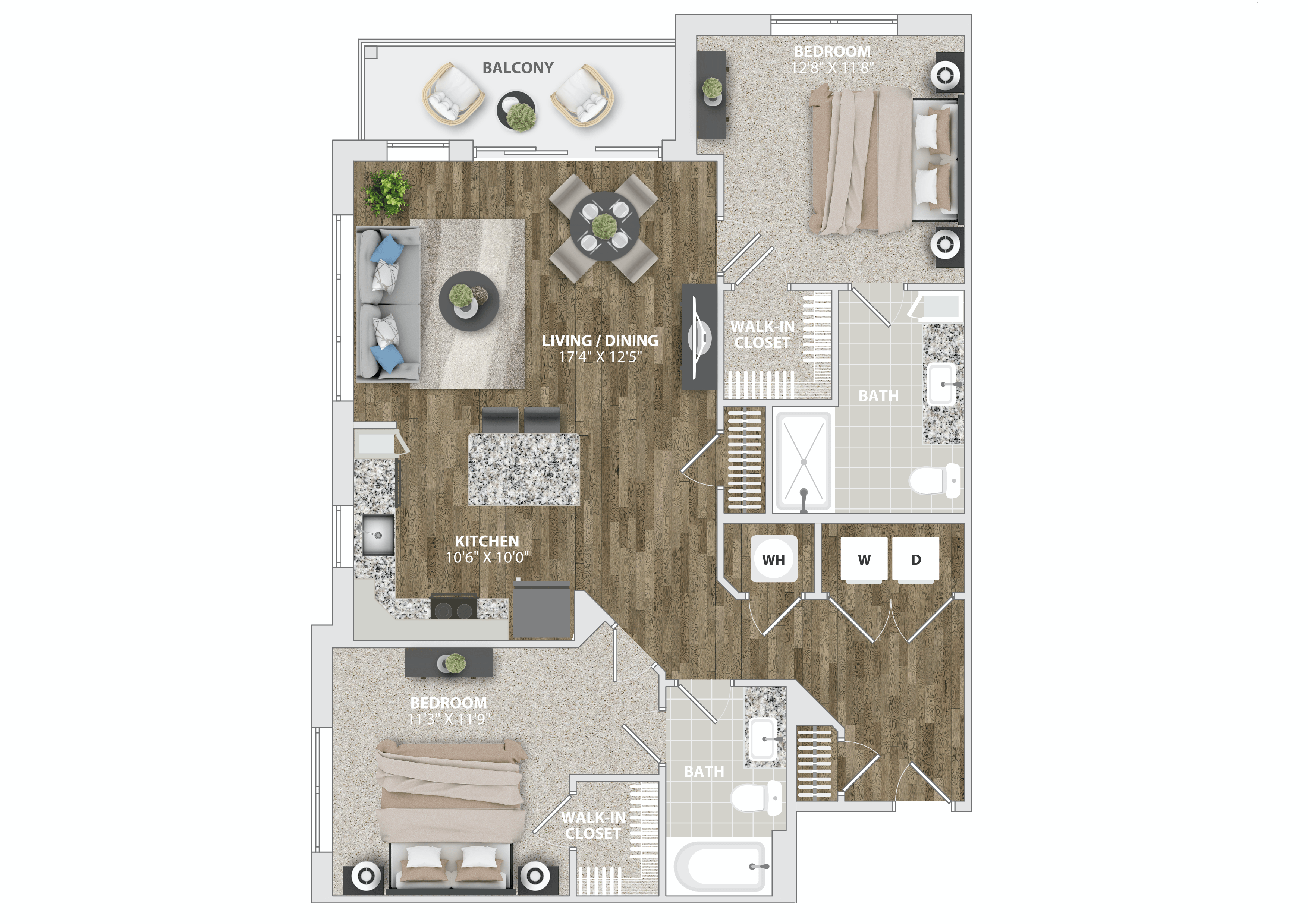Floor plan for 2 beds, 2 baths, 1135 sqft