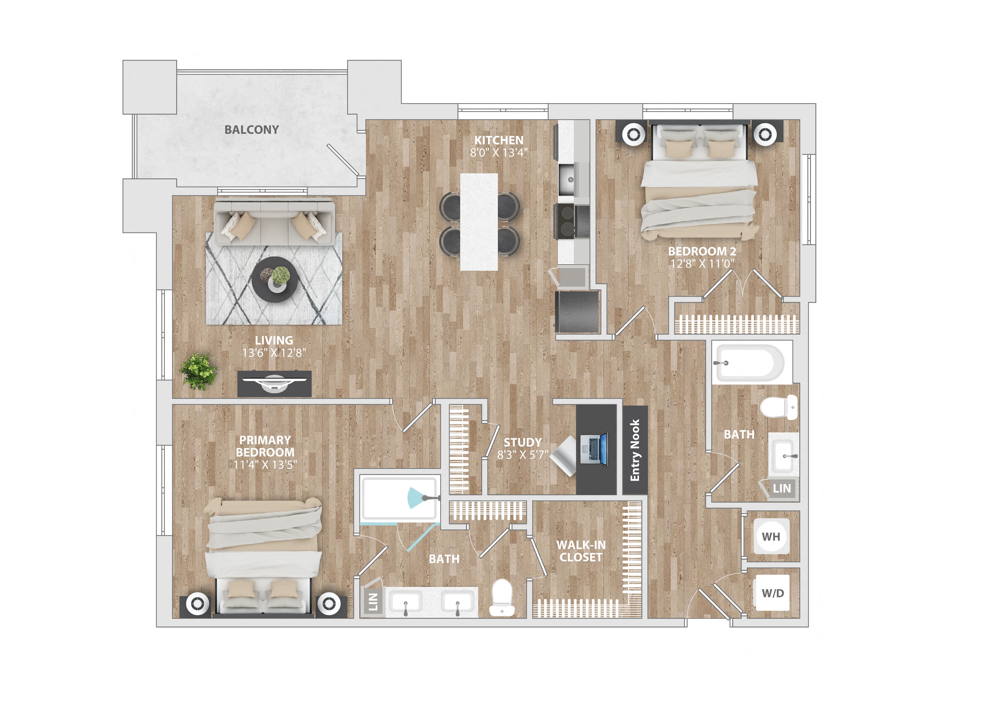 Floor plan for 2 beds, 2 baths, 1236 sqft