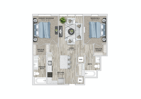 Floor plan for 2 beds, 2 baths, 965 sqft