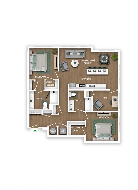 Floor plan for 2 beds, 2 baths, 1245 sqft