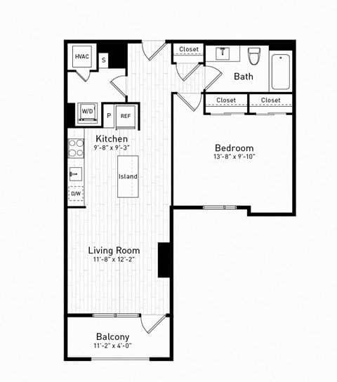 Floor plan for 1 bed, 1 bath, 708 sqft
