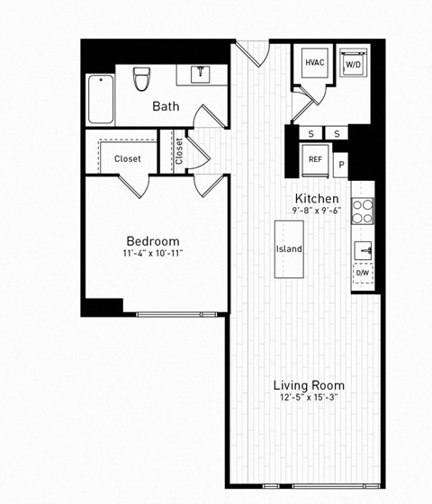 Floor plan for 1 bed, 1 bath, 799 sqft