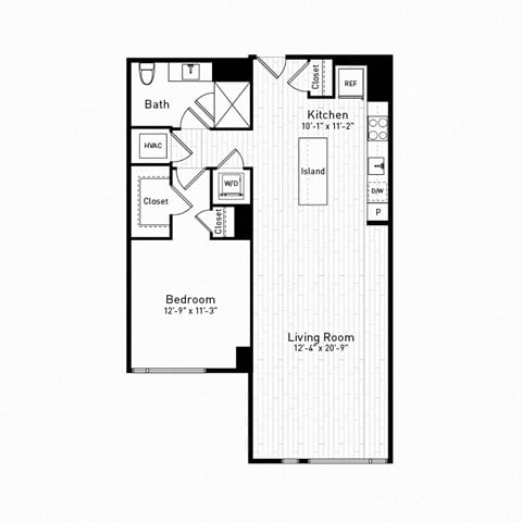Floor plan for 1 bed, 1 bath, 823 sqft