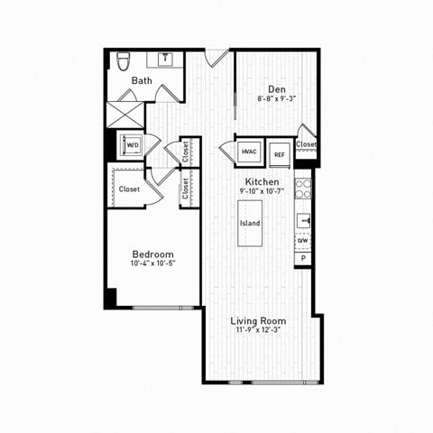 Floor plan for 1 bed, 1 bath, 822 sqft