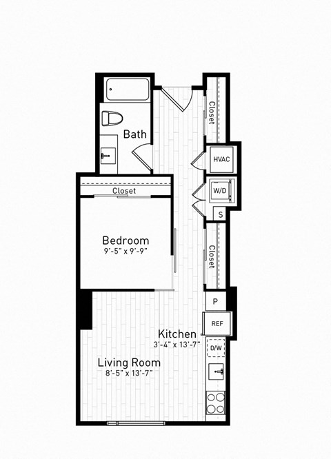 Floor plan for 1 bed, 1 bath, 613 sqft