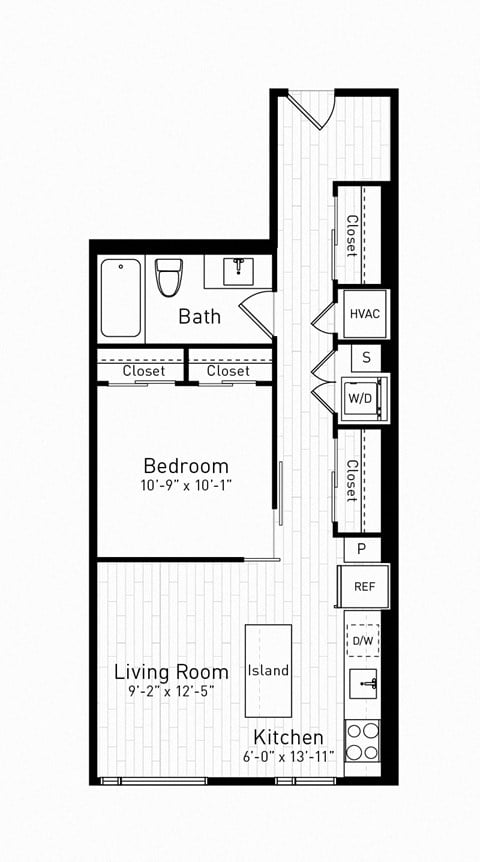 Floor plan for 1 bed, 1 bath, 694 sqft
