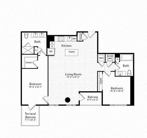 Floor plan for 2 beds, 2 baths, 1207 sqft