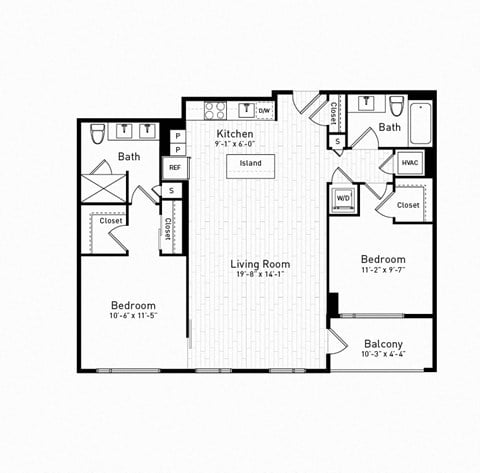 Floor plan for 2 beds, 2 baths, 1061 sqft