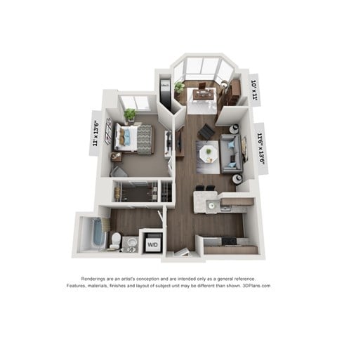 Floor plan for 1 bed, 1 bath, 667 sqft