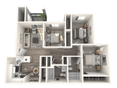 Floor plan for 3 beds, 2 baths, 1042 sqft