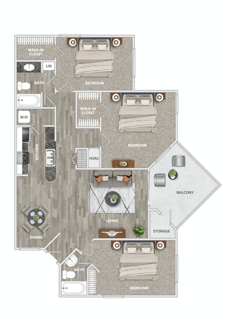 Floor plan for 3 beds, 2 baths, 1250 sqft