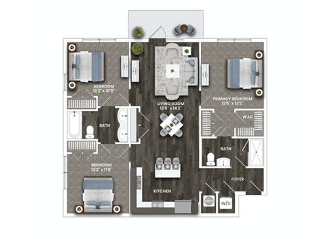 Floor plan for 3 beds, 2 baths, 1177 sqft