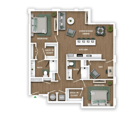 Floor plan for 3 beds, 2 baths, 1328 sqft