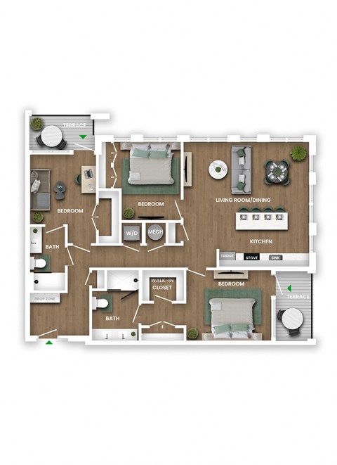Floor plan for 3 beds, 2 baths, 1368 sqft