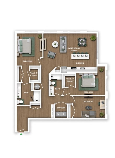 Floor plan for 3 beds, 2 baths, 1660 sqft