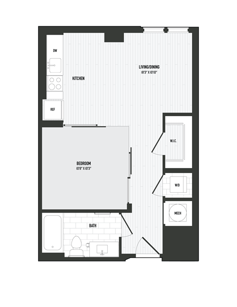 Floor plan for 1 bed, 1 bath, 554 sqft