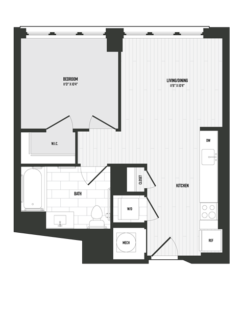 Floor plan for 1 bed, 1 bath, 583 sqft