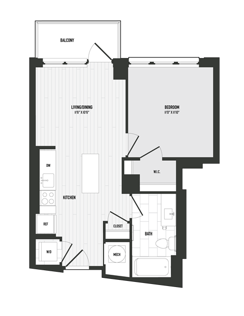 Floor plan for 1 bed, 1 bath, 573 sqft