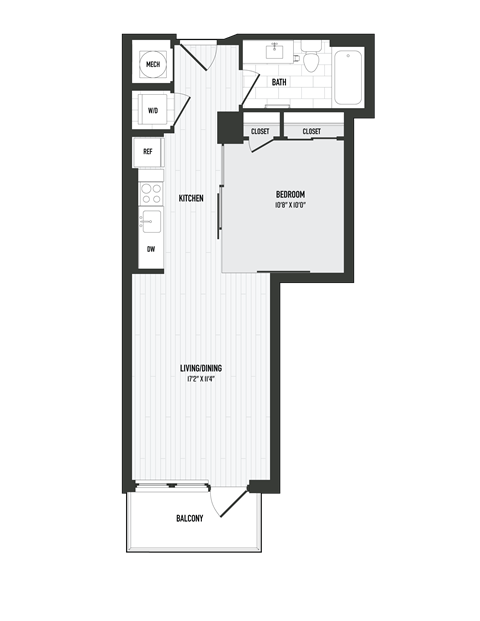 Floor plan for 1 bed, 1 bath, 566 sqft
