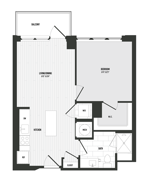 Floor plan for 1 bed, 1 bath, 609 sqft