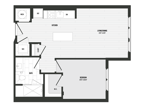 Floor plan for 1 bed, 1 bath, 639 sqft