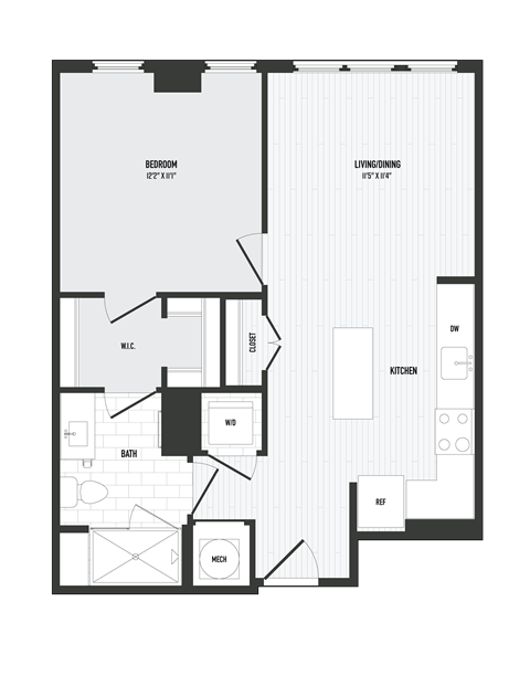 Floor plan for 1 bed, 1 bath, 658 sqft