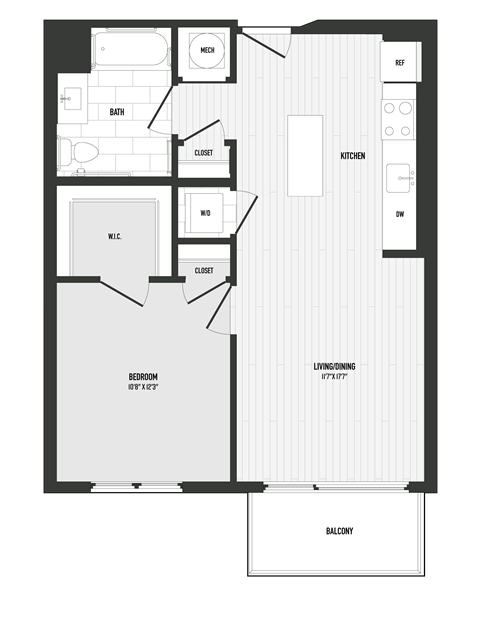Floor plan for 1 bed, 1 bath, 679 sqft