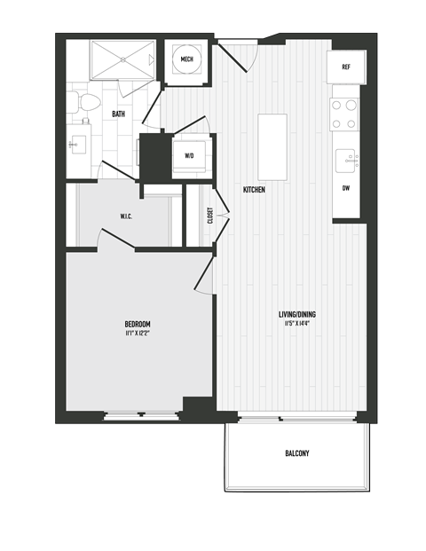 Floor plan for 1 bed, 1 bath, 679 sqft